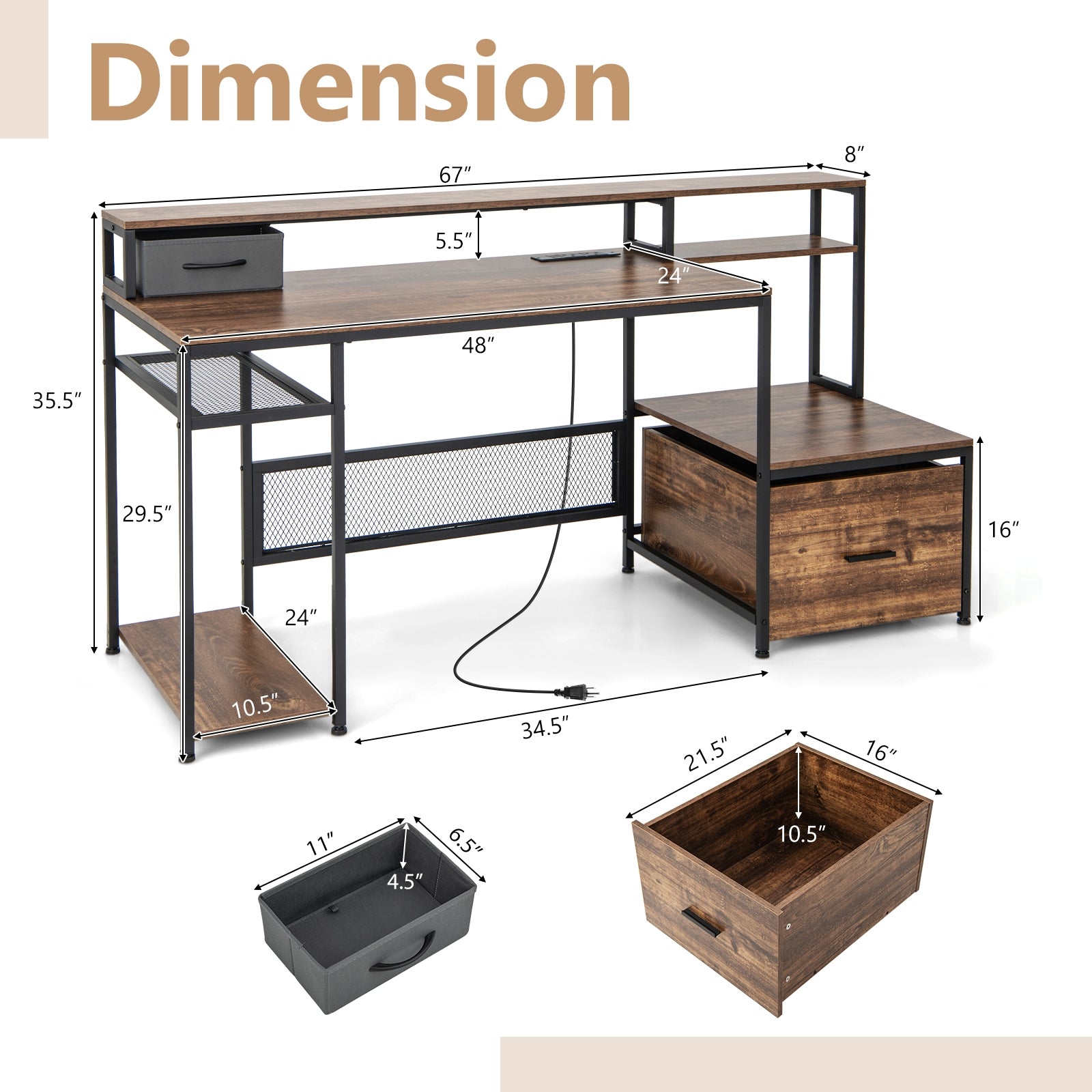 67 Inch Computer Desk with Monitor Stand & File Drawer, Rustic Brown Computer Desks   at Gallery Canada