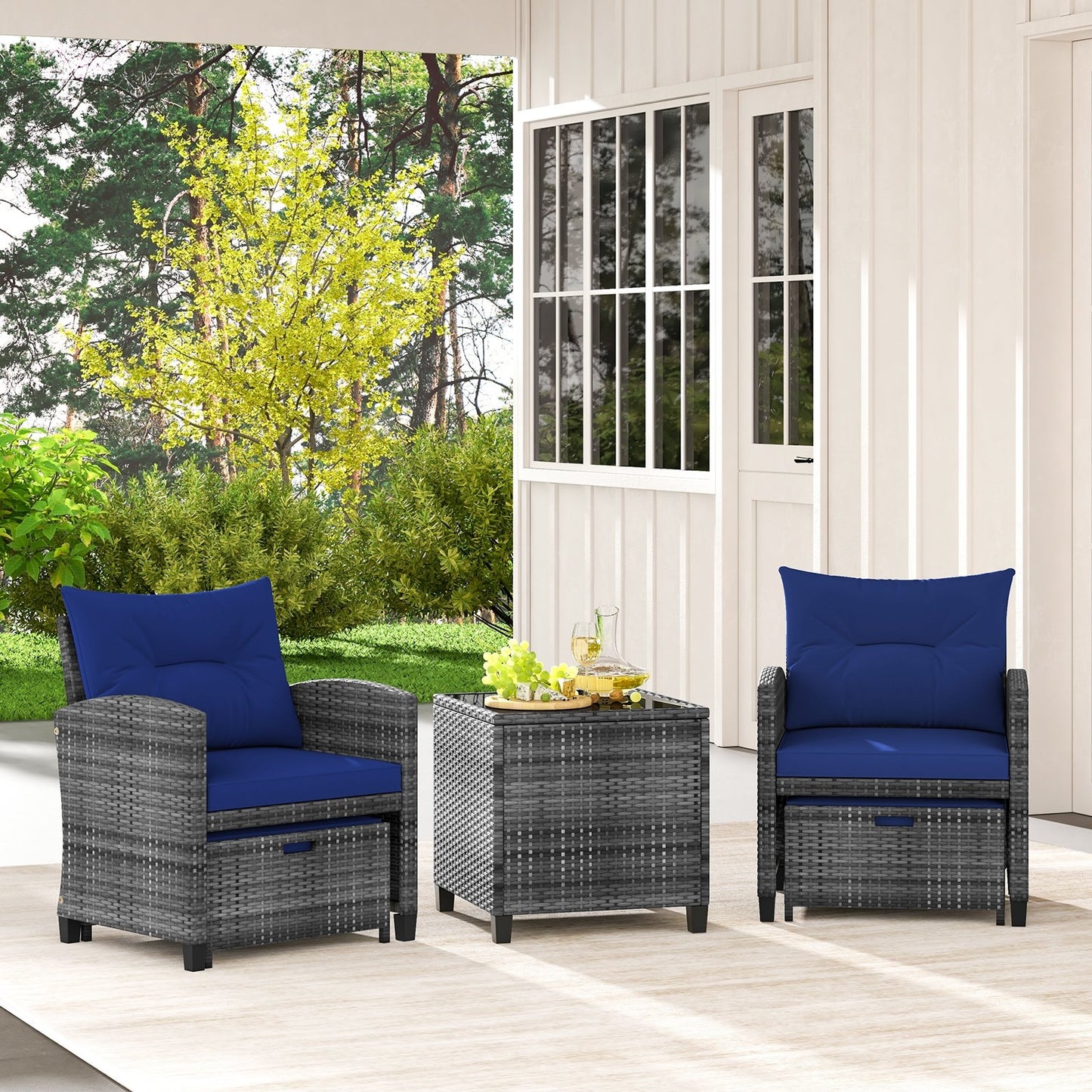 5 Piece Patio Rattan Furniture with 2 Ottomans and Tempered Glass Coffee Table, Navy Patio Conversation Sets   at Gallery Canada