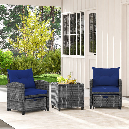 5 Piece Patio Rattan Furniture with 2 Ottomans and Tempered Glass Coffee Table, Navy