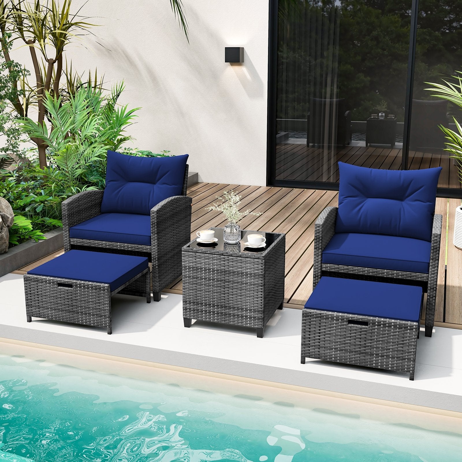 5 Piece Patio Rattan Furniture with 2 Ottomans and Tempered Glass Coffee Table, Navy Patio Conversation Sets   at Gallery Canada