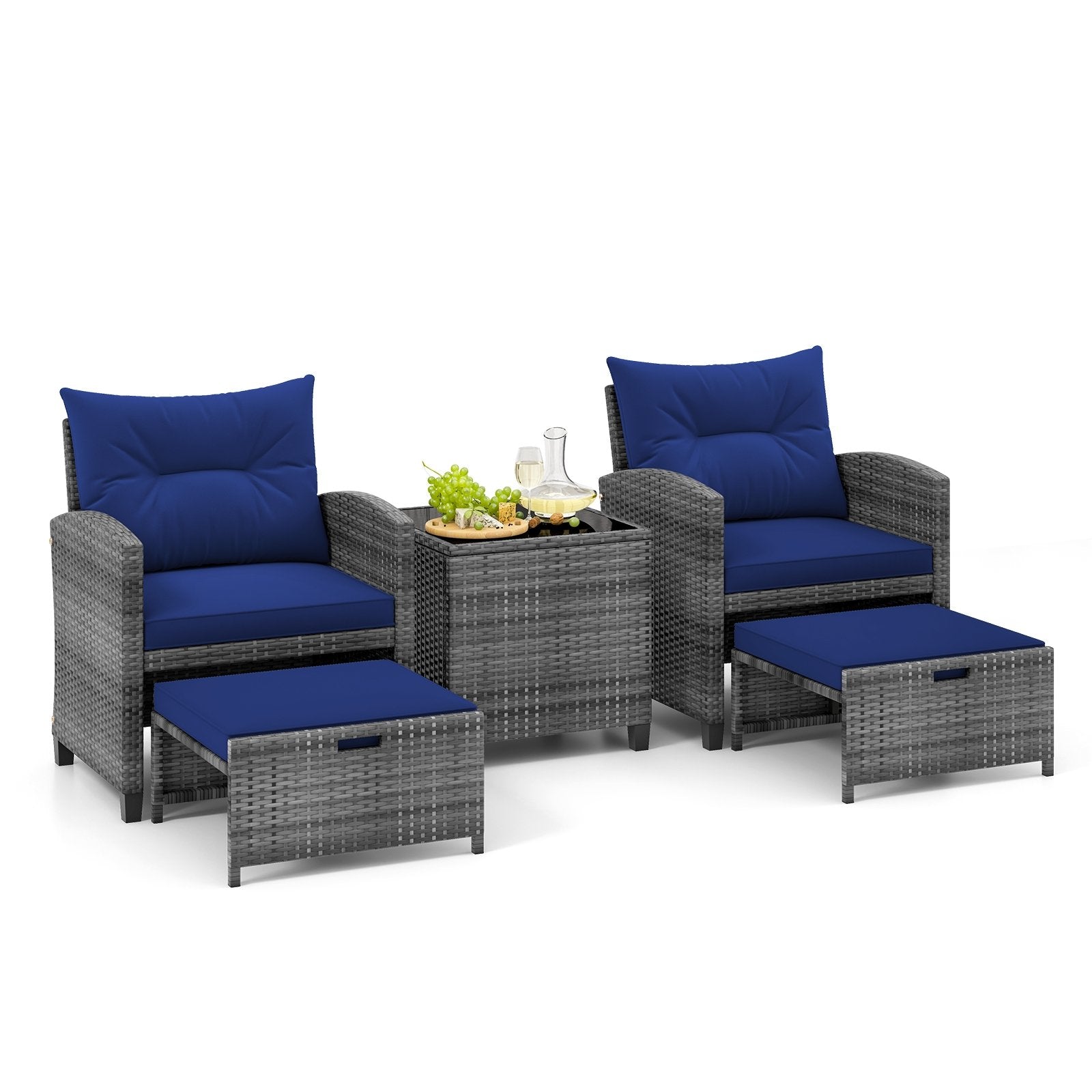 5 Piece Patio Rattan Furniture with 2 Ottomans and Tempered Glass Coffee Table, Navy Patio Conversation Sets   at Gallery Canada