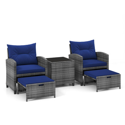 5 Piece Patio Rattan Furniture with 2 Ottomans and Tempered Glass Coffee Table, Navy Patio Conversation Sets   at Gallery Canada