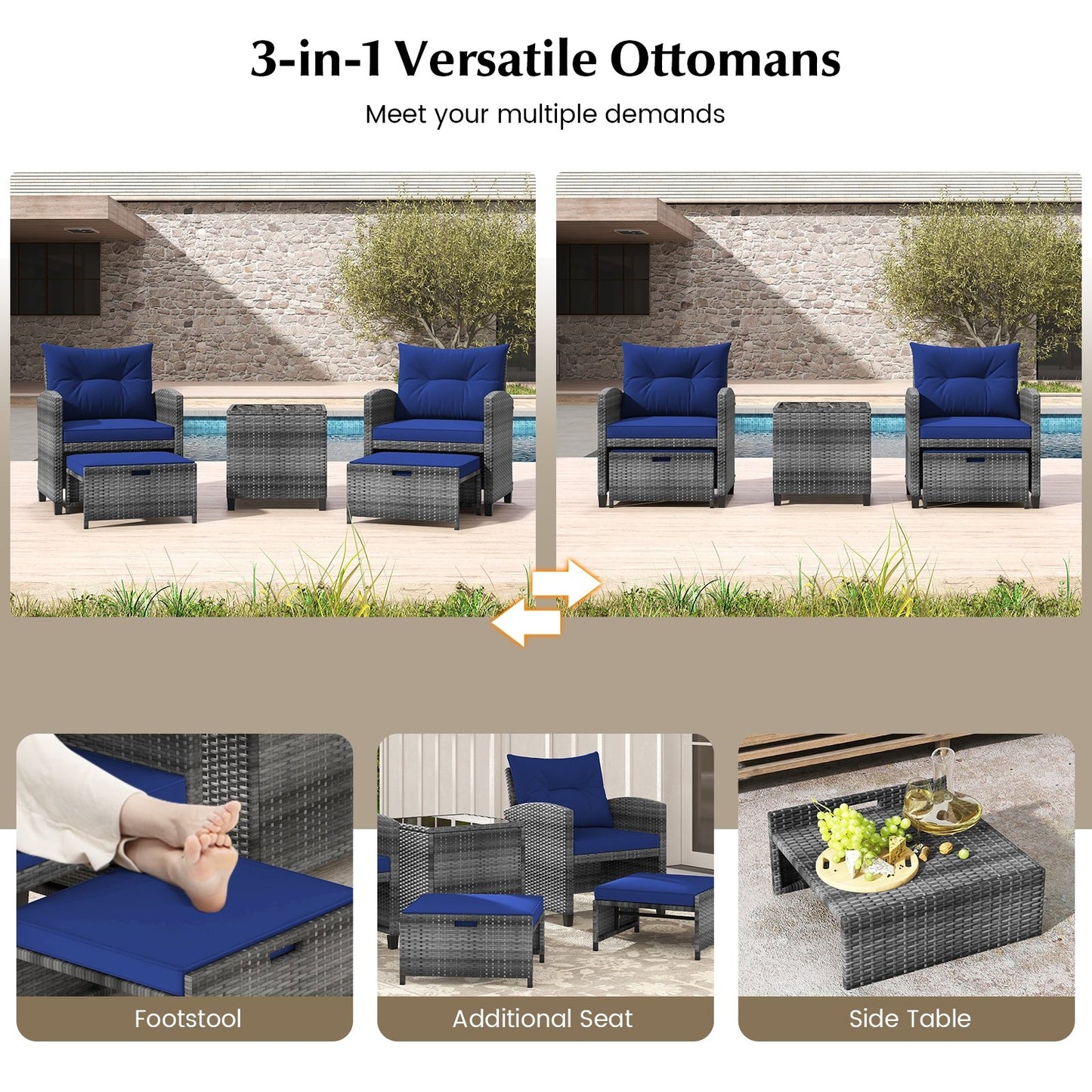 5 Piece Patio Rattan Furniture with 2 Ottomans and Tempered Glass Coffee Table, Navy Patio Conversation Sets   at Gallery Canada