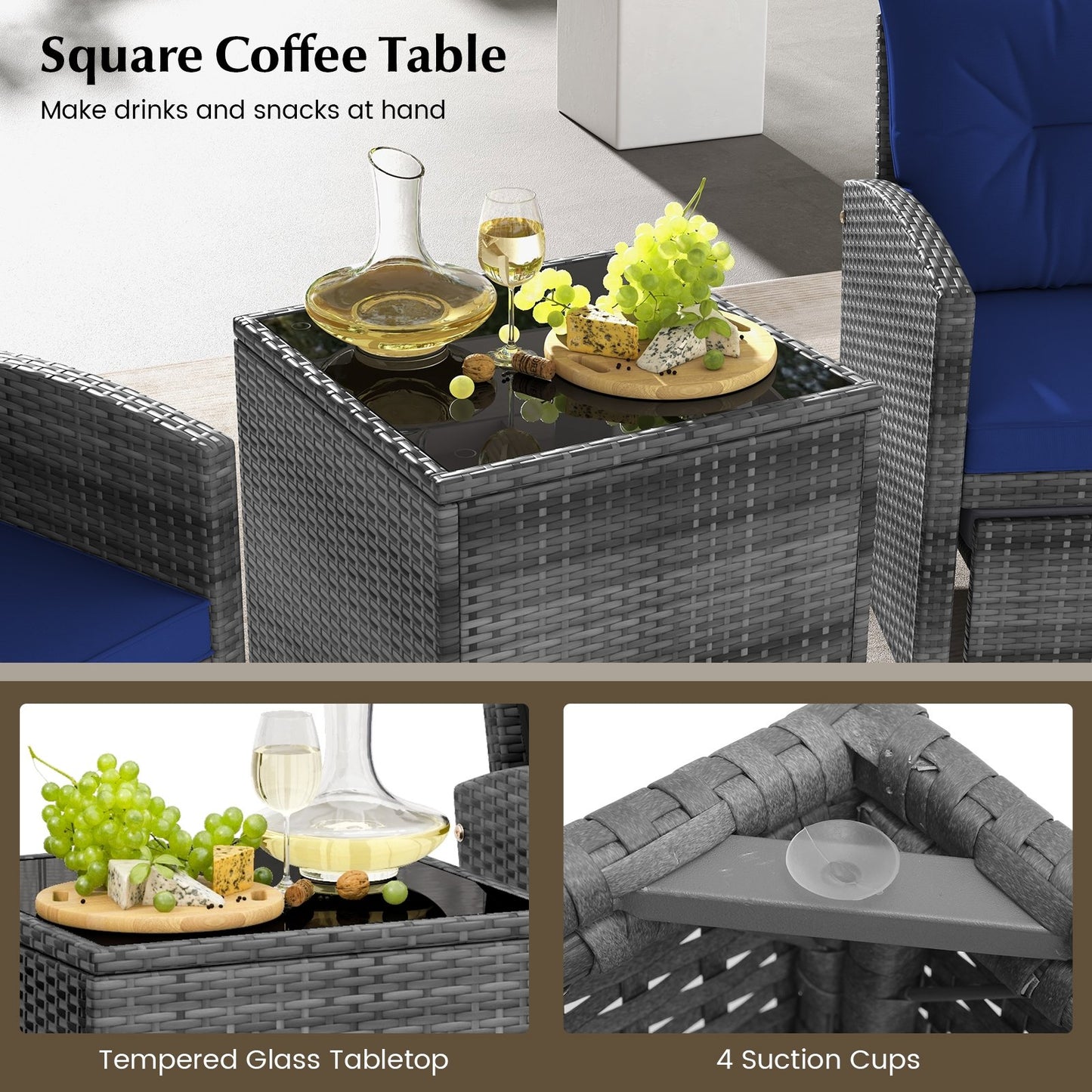 5 Piece Patio Rattan Furniture with 2 Ottomans and Tempered Glass Coffee Table, Navy Patio Conversation Sets   at Gallery Canada