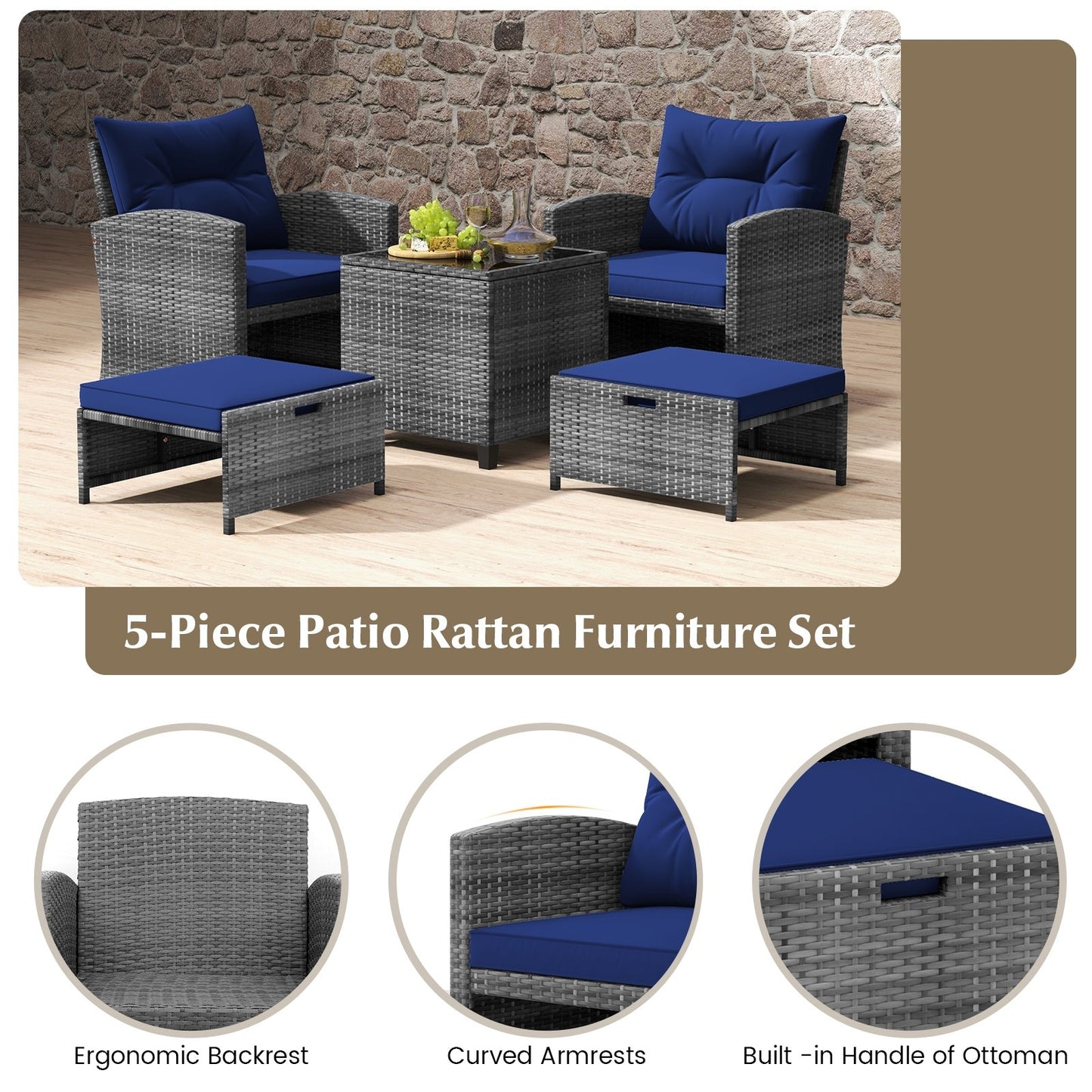 5 Piece Patio Rattan Furniture with 2 Ottomans and Tempered Glass Coffee Table, Navy Patio Conversation Sets   at Gallery Canada