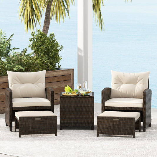 5 Pieces Patio Rattan Furniture with 2 Ottomans and Tempered Glass Coffee Table, Beige Patio Conversation Sets   at Gallery Canada