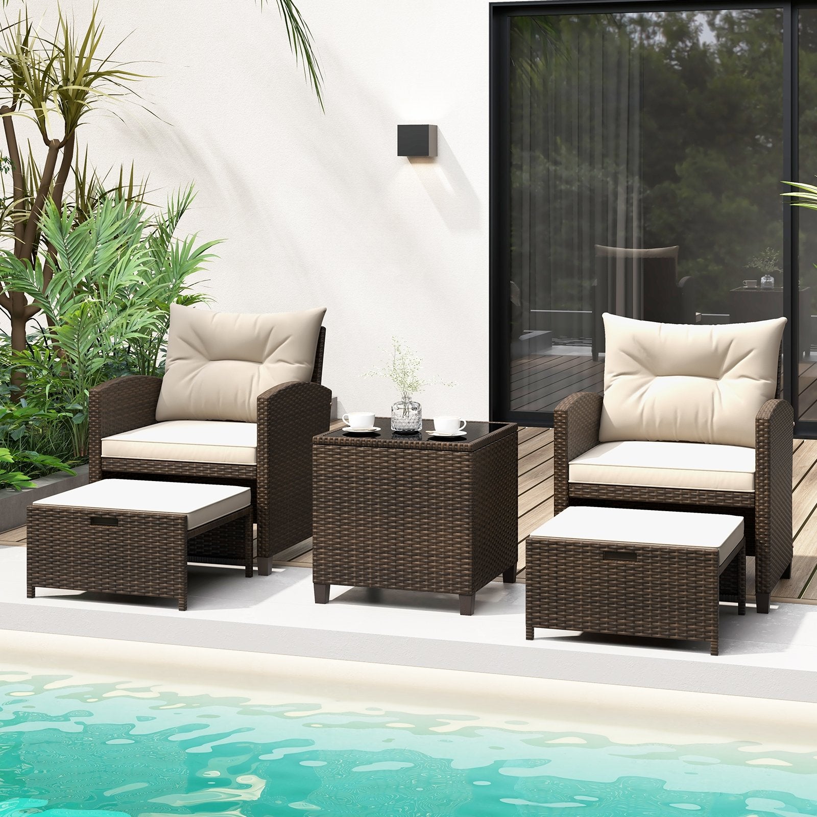 5 Pieces Patio Rattan Furniture with 2 Ottomans and Tempered Glass Coffee Table, Beige Patio Conversation Sets   at Gallery Canada