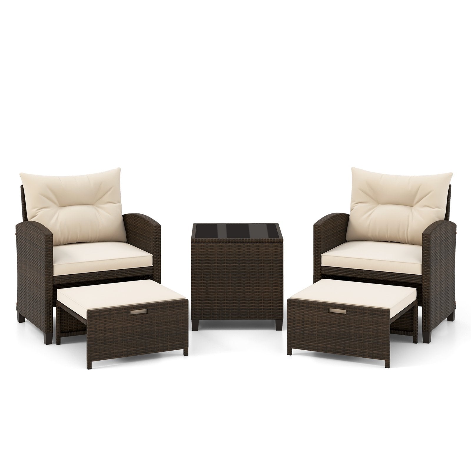 5 Pieces Patio Rattan Furniture with 2 Ottomans and Tempered Glass Coffee Table, Beige Patio Conversation Sets   at Gallery Canada