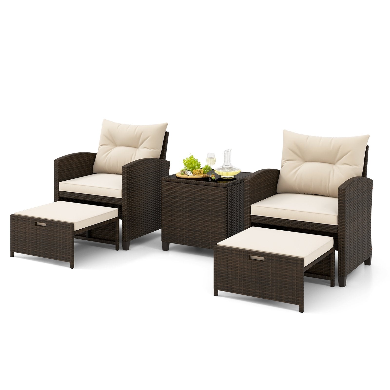 5 Pieces Patio Rattan Furniture with 2 Ottomans and Tempered Glass Coffee Table, Beige Patio Conversation Sets   at Gallery Canada