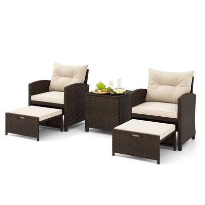 5 Pieces Patio Rattan Furniture with 2 Ottomans and Tempered Glass Coffee Table, Beige Patio Conversation Sets   at Gallery Canada