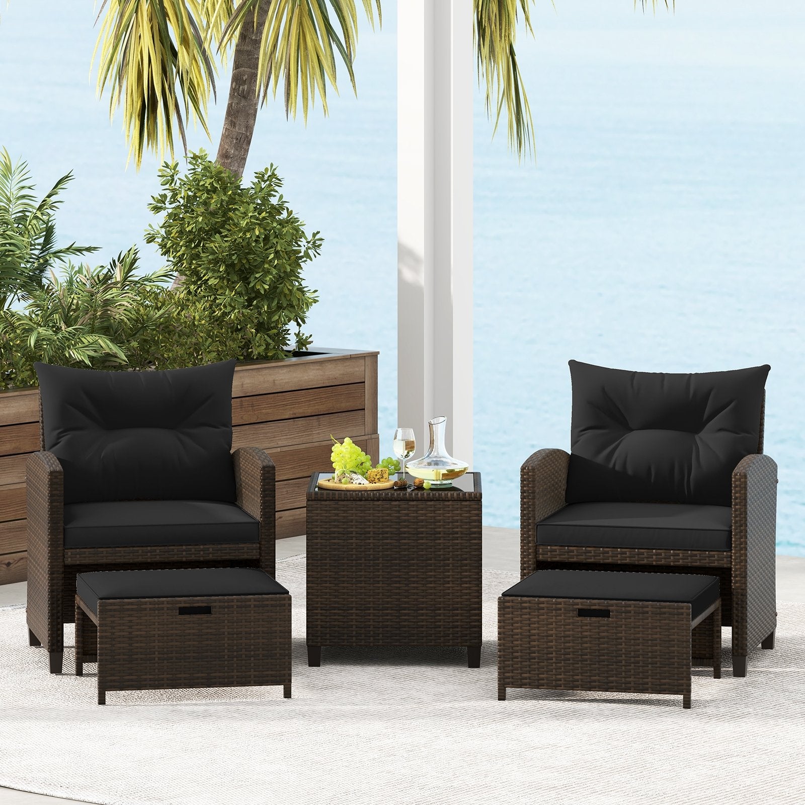 5 Pieces Patio Rattan Furniture with 2 Ottomans and Tempered Glass Coffee Table, Black Patio Conversation Sets   at Gallery Canada