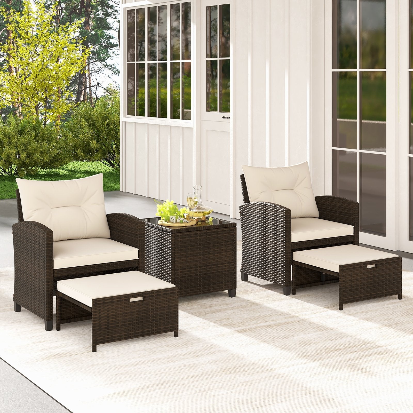 5 Pieces Patio Rattan Furniture with 2 Ottomans and Tempered Glass Coffee Table, Beige Patio Conversation Sets   at Gallery Canada