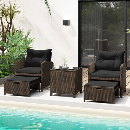 5 Pieces Patio Rattan Furniture with 2 Ottomans and Tempered Glass Coffee Table, Black Patio Conversation Sets   at Gallery Canada