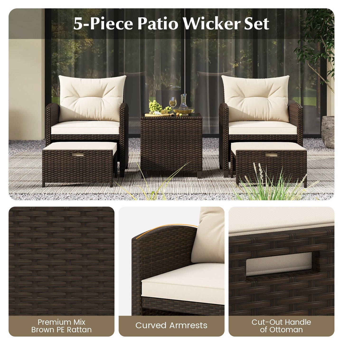 5 Pieces Patio Rattan Furniture with 2 Ottomans and Tempered Glass Coffee Table, Beige Patio Conversation Sets   at Gallery Canada