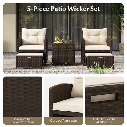 5 Pieces Patio Rattan Furniture with 2 Ottomans and Tempered Glass Coffee Table, Beige Patio Conversation Sets   at Gallery Canada