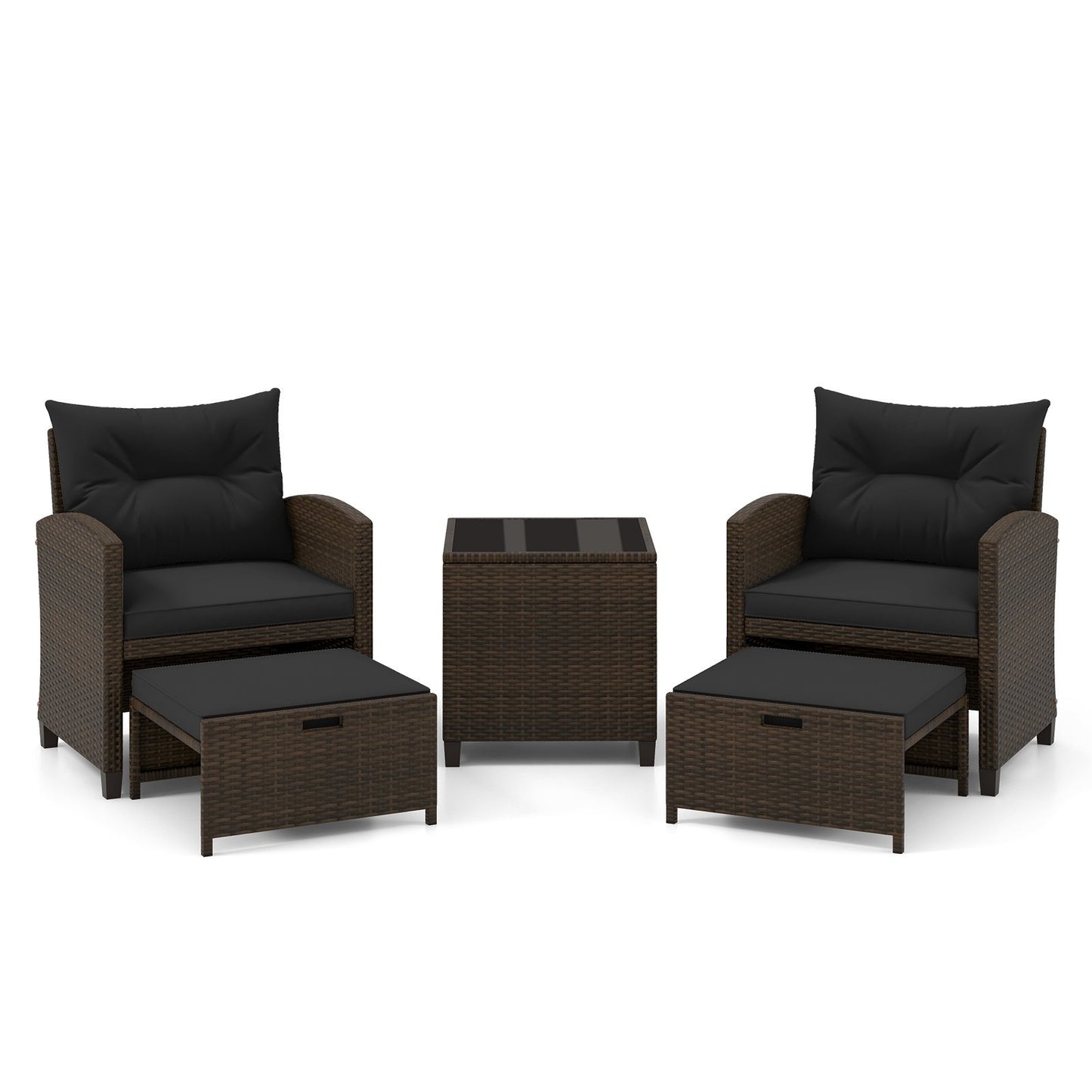 5 Pieces Patio Rattan Furniture with 2 Ottomans and Tempered Glass Coffee Table, Black Patio Conversation Sets   at Gallery Canada