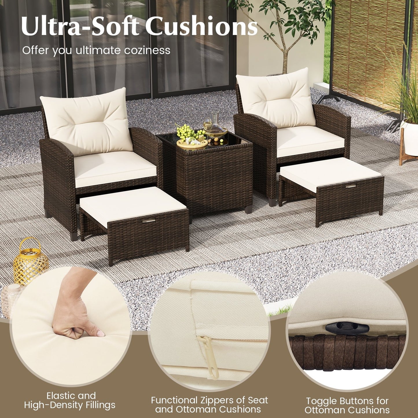 5 Pieces Patio Rattan Furniture with 2 Ottomans and Tempered Glass Coffee Table, Beige Patio Conversation Sets   at Gallery Canada