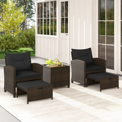 5 Pieces Patio Rattan Furniture with 2 Ottomans and Tempered Glass Coffee Table, Black Patio Conversation Sets   at Gallery Canada