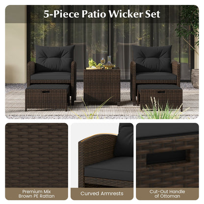 5 Pieces Patio Rattan Furniture with 2 Ottomans and Tempered Glass Coffee Table, Black Patio Conversation Sets   at Gallery Canada