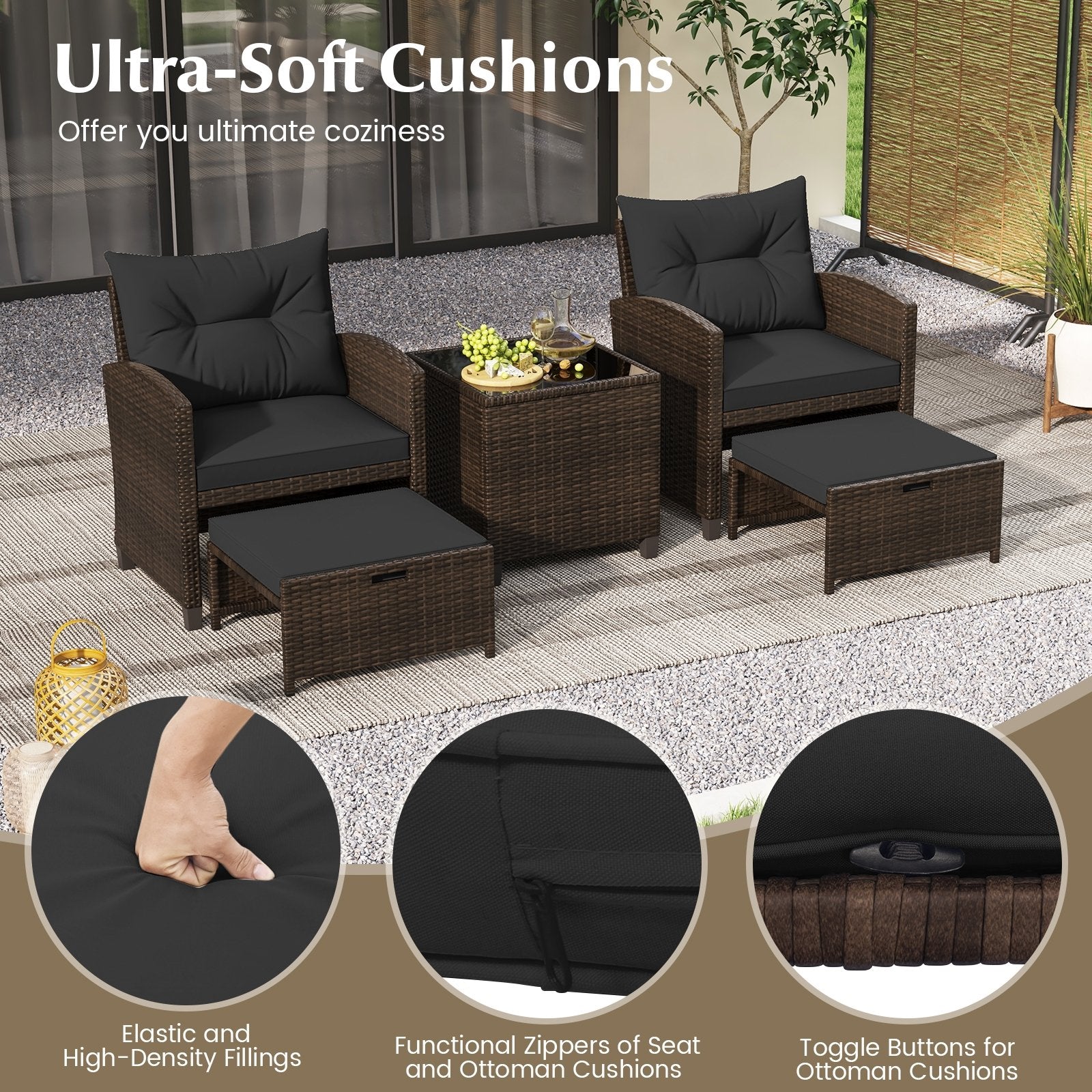 5 Pieces Patio Rattan Furniture with 2 Ottomans and Tempered Glass Coffee Table, Black Patio Conversation Sets   at Gallery Canada