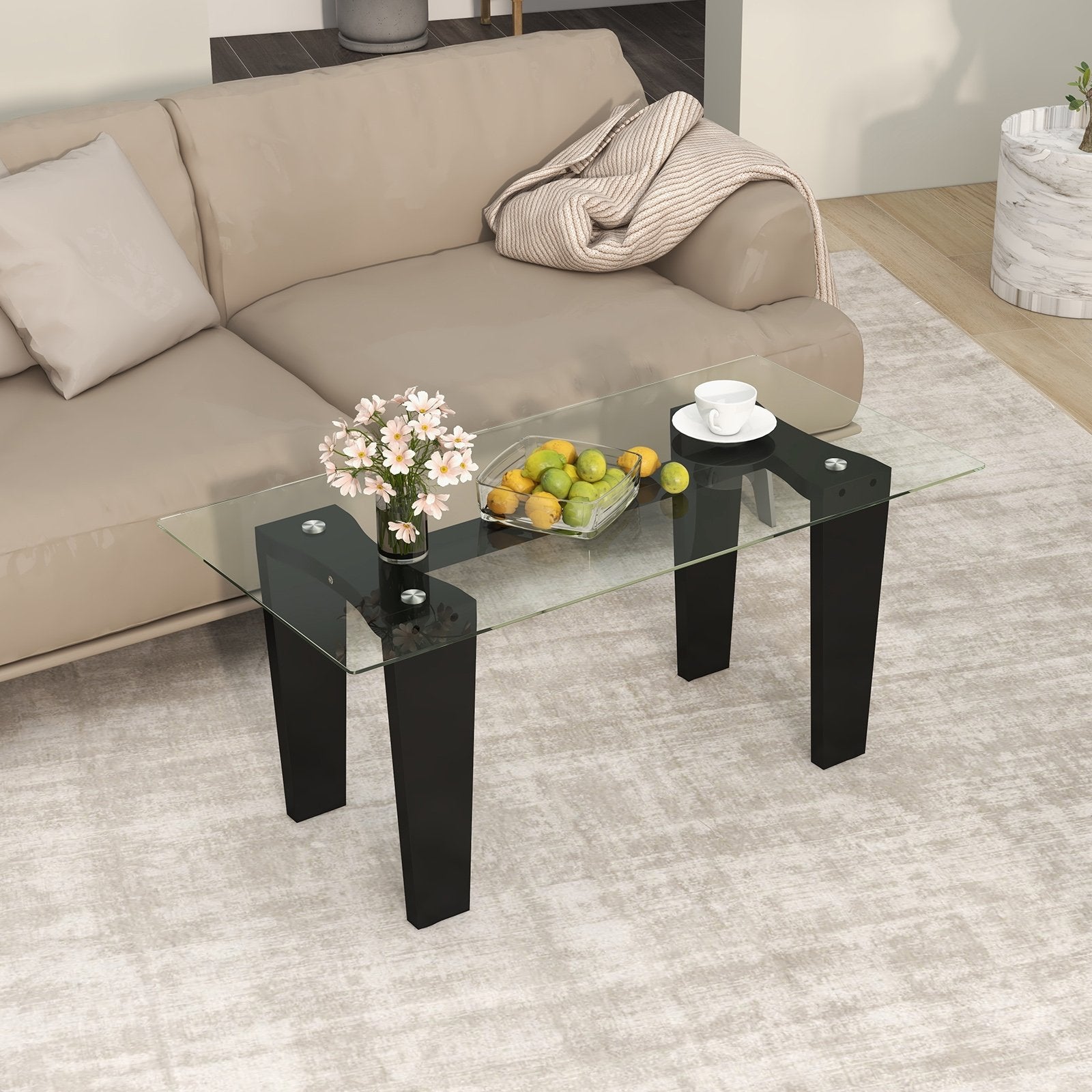 39.5 Inch Glass Coffee Table Modern Rectangular Center Table with Solid Rubber Wood Legs, Black Coffee Tables   at Gallery Canada