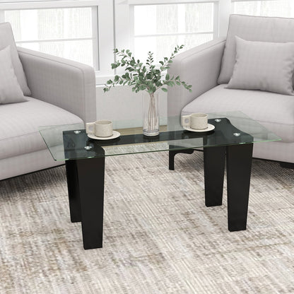 39.5 Inch Glass Coffee Table Modern Rectangular Center Table with Solid Rubber Wood Legs, Black Coffee Tables   at Gallery Canada