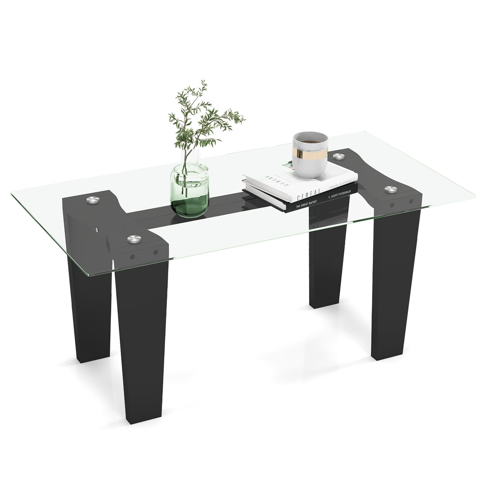 39.5 Inch Glass Coffee Table Modern Rectangular Center Table with Solid Rubber Wood Legs, Black Coffee Tables   at Gallery Canada