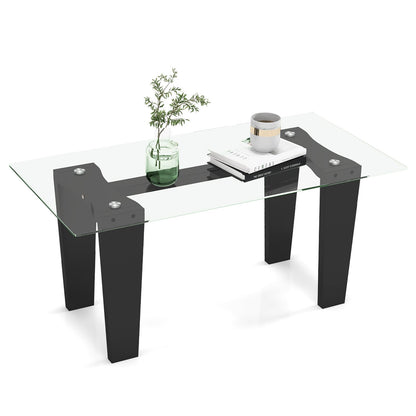 39.5 Inch Glass Coffee Table Modern Rectangular Center Table with Solid Rubber Wood Legs, Black Coffee Tables   at Gallery Canada