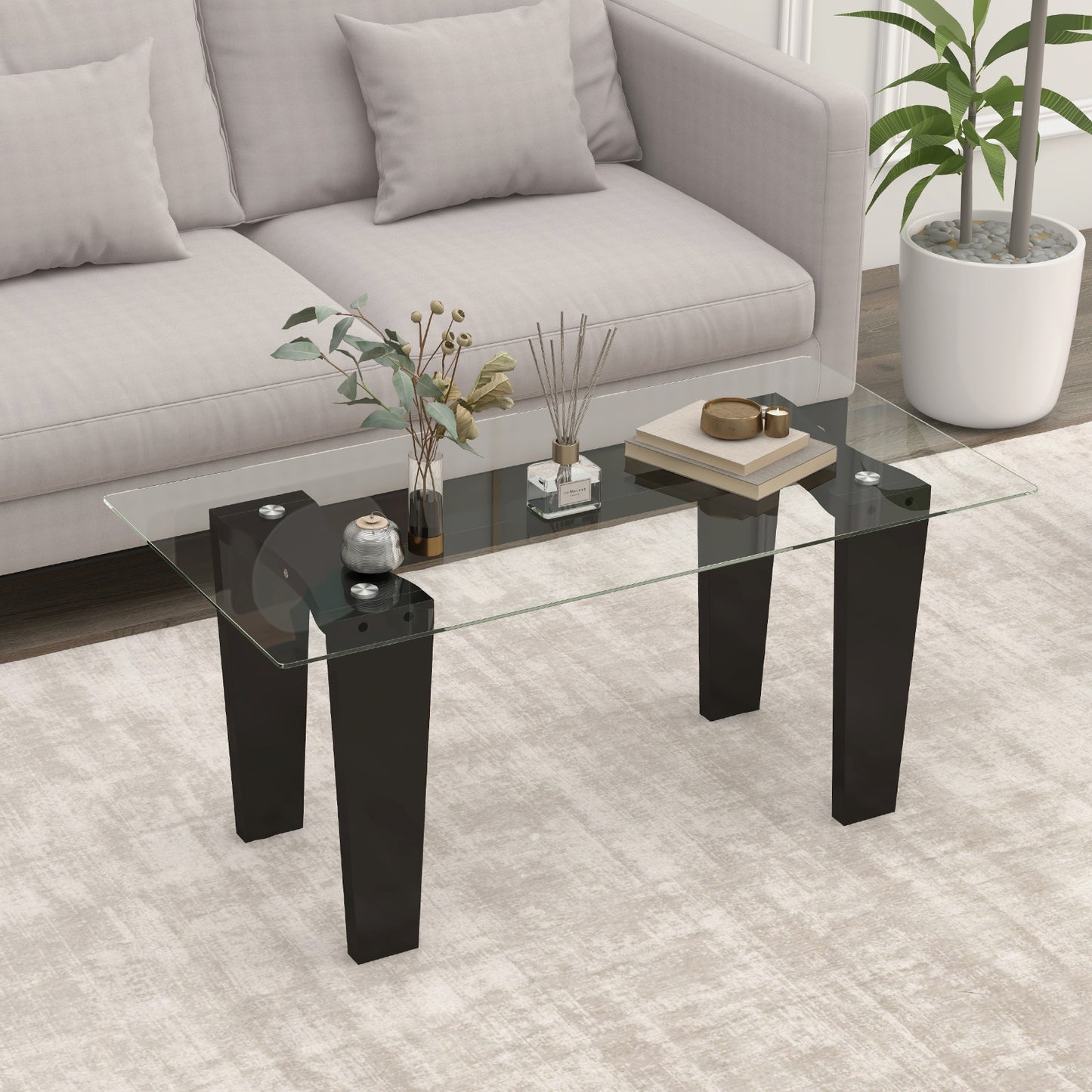 39.5 Inch Glass Coffee Table Modern Rectangular Center Table with Solid Rubber Wood Legs, Black Coffee Tables   at Gallery Canada