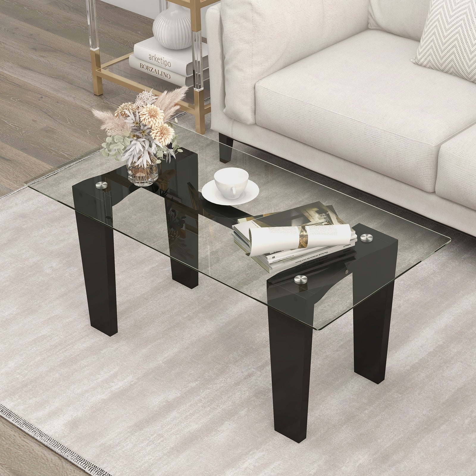 39.5 Inch Glass Coffee Table Modern Rectangular Center Table with Solid Rubber Wood Legs, Black Coffee Tables   at Gallery Canada