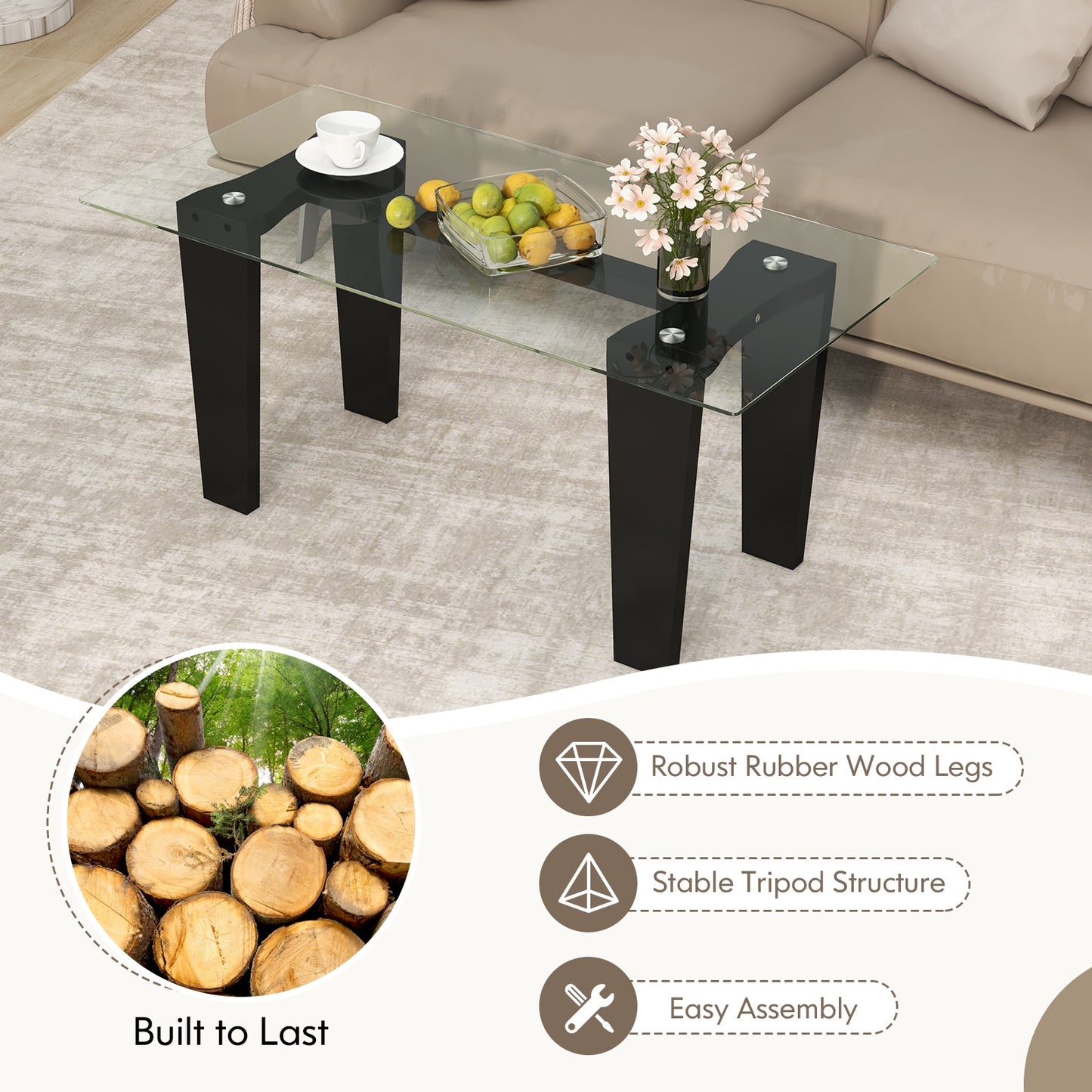 39.5 Inch Glass Coffee Table Modern Rectangular Center Table with Solid Rubber Wood Legs, Black Coffee Tables   at Gallery Canada