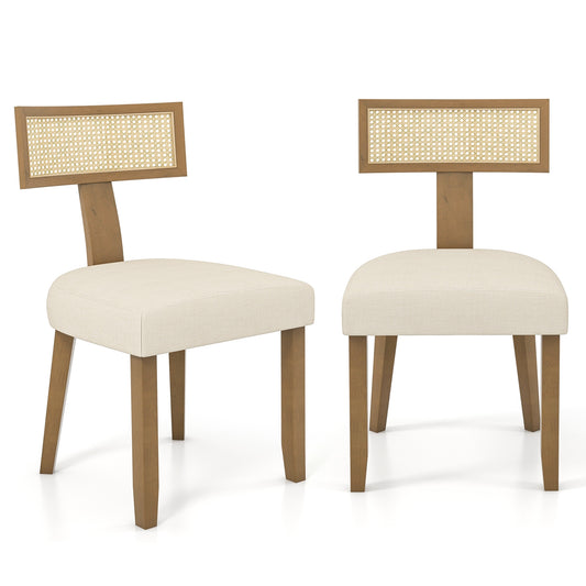 Set of 2 Linen Fabric Upholstered Accent Dining Chairs with Curved Rattan Backrests, Beige Dining Chairs Beige  at Gallery Canada