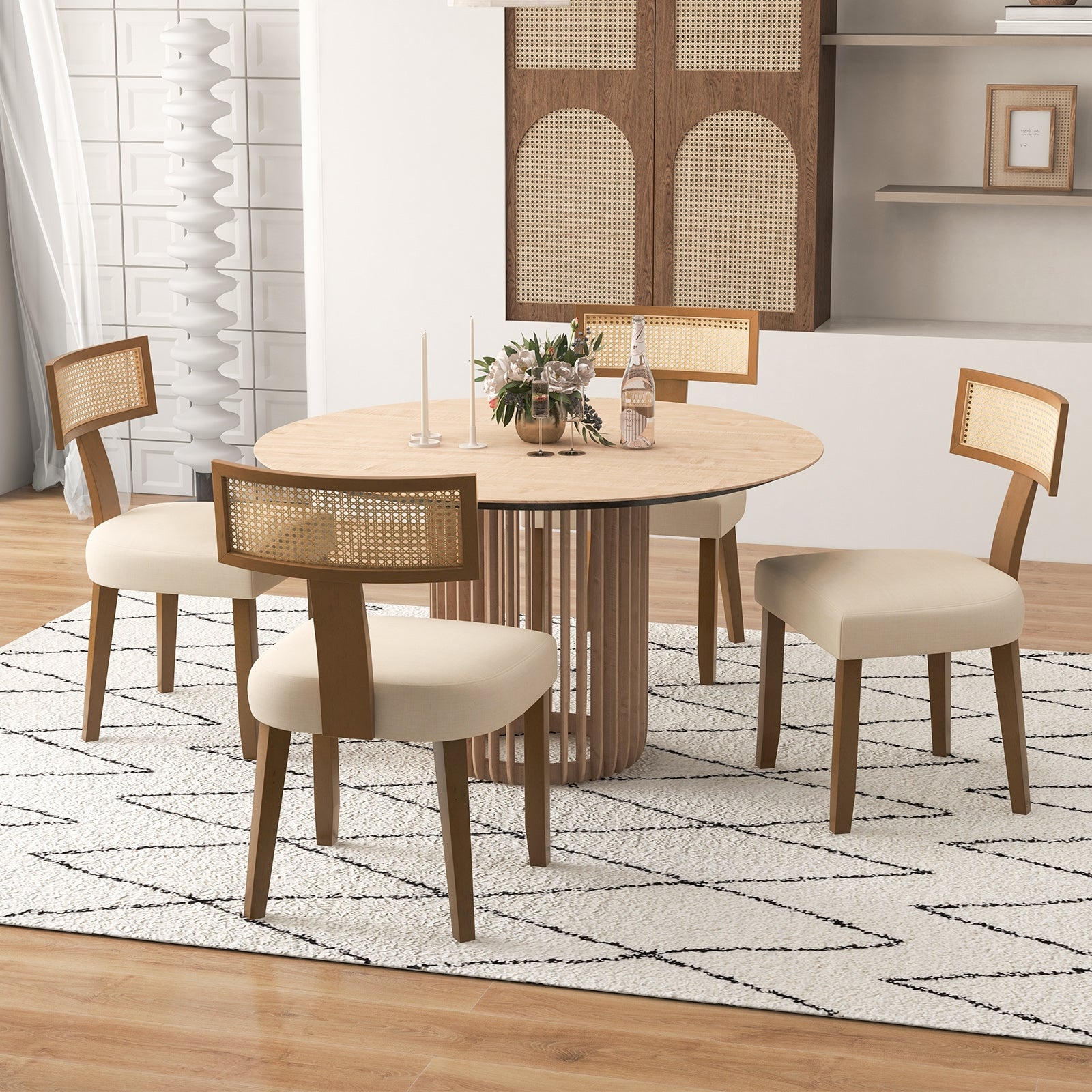 Set of 2 Linen Fabric Upholstered Accent Dining Chairs with Curved Rattan Backrests, Beige Dining Chairs   at Gallery Canada