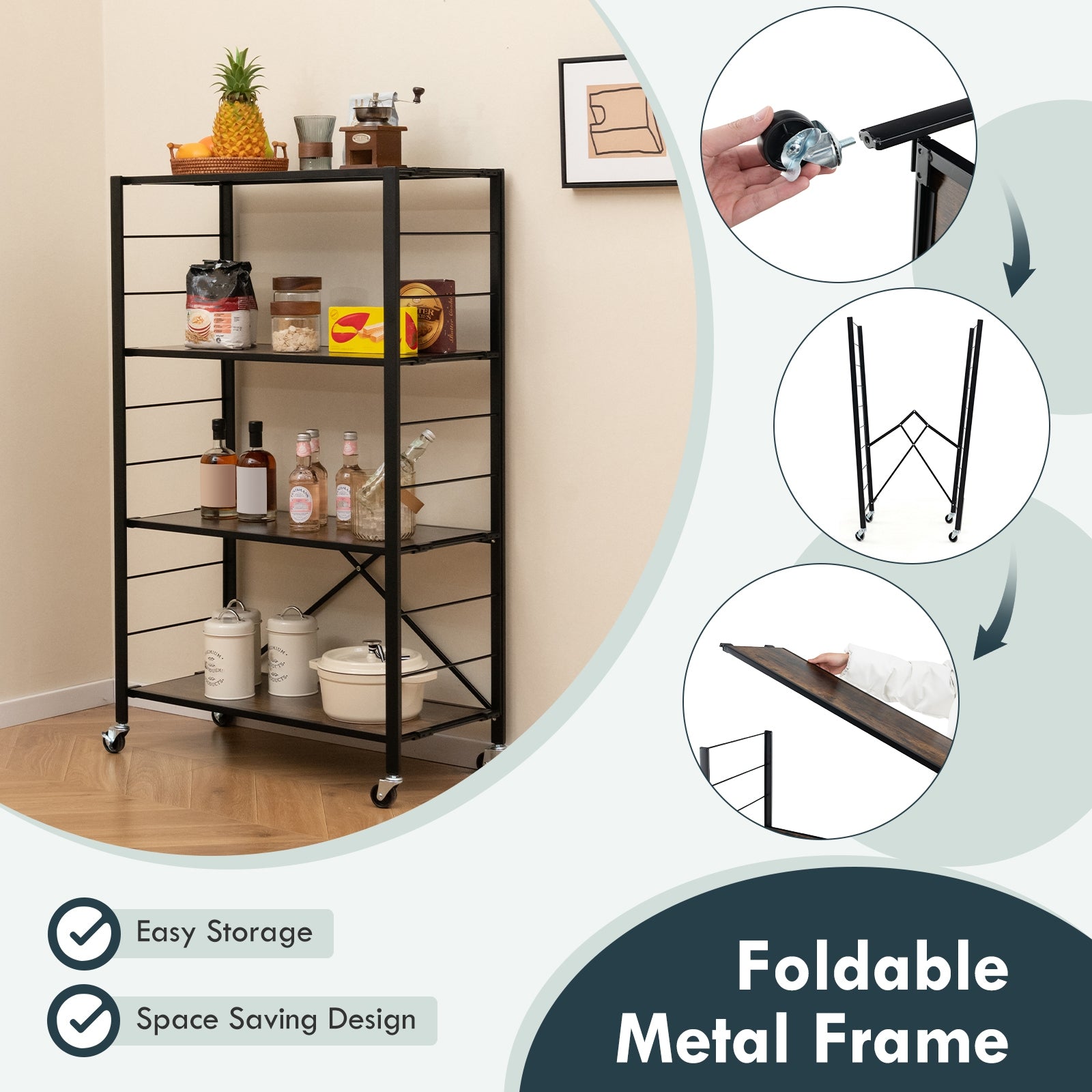 4-tier Foldable Storage Shelf for Tool Room Kitchen Living Room, Black Cabinets & Chests   at Gallery Canada