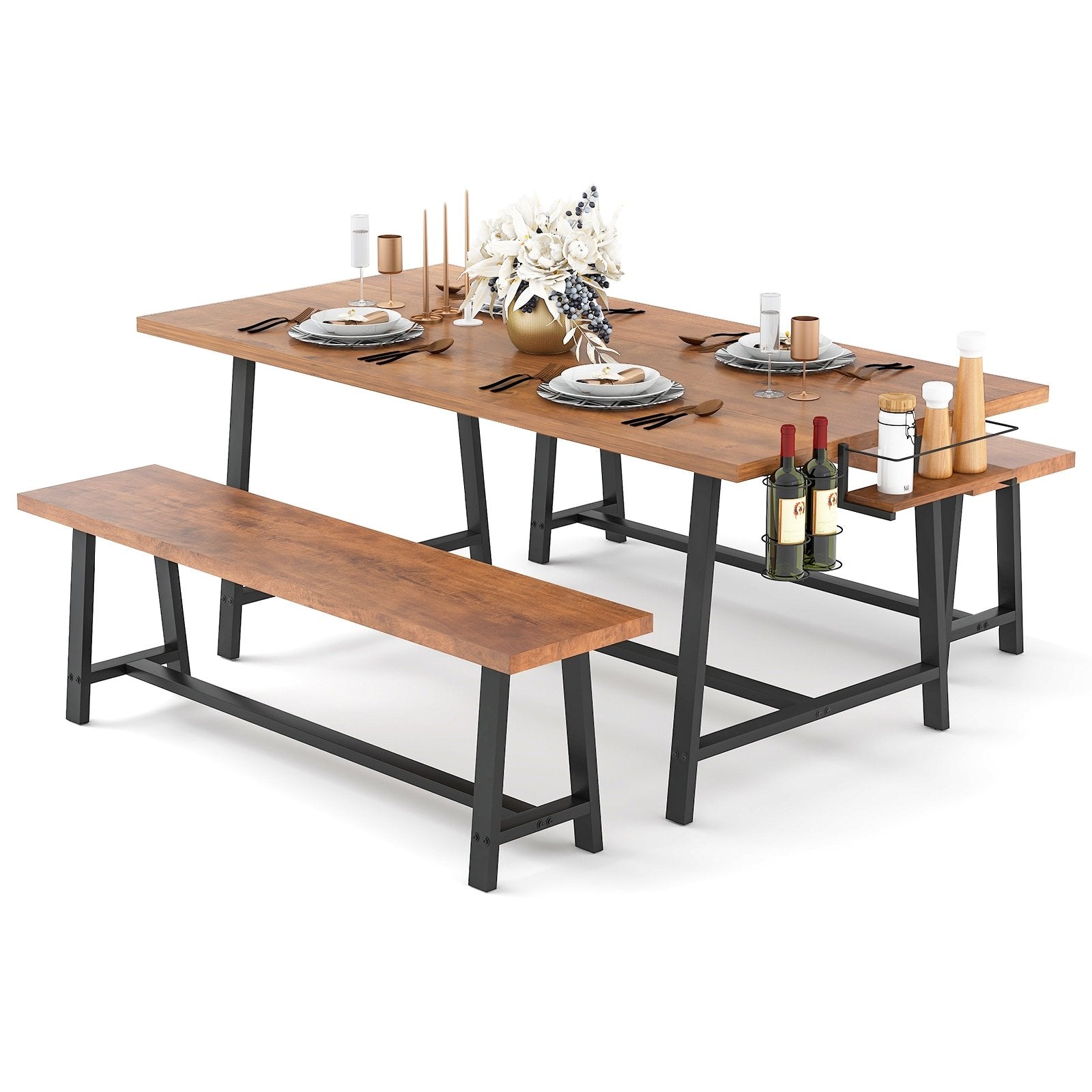 Dining Table Set for 5-7 with 2-Bottle Wine Rack and Condiment Holder Dining Room Sets Walnut, Black at Gallery Canada