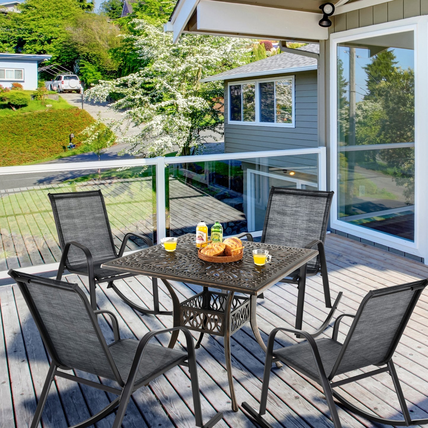 Set of 2 Metal Patio Rocking Chair with Breathable Seat Fabric, Black Patio Rocking Chairs & Gliders   at Gallery Canada