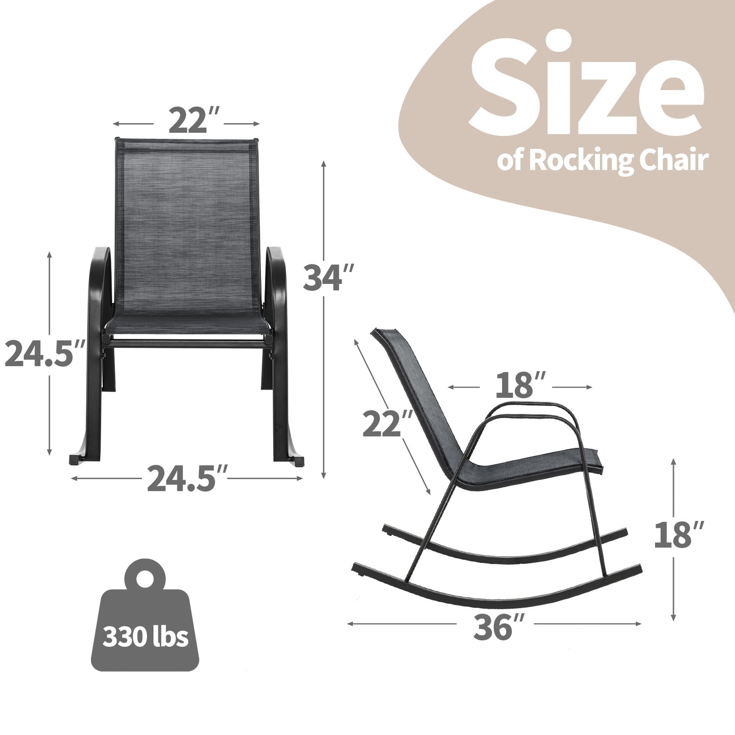 Set of 2 Metal Patio Rocking Chair with Breathable Seat Fabric, Black Patio Rocking Chairs & Gliders   at Gallery Canada