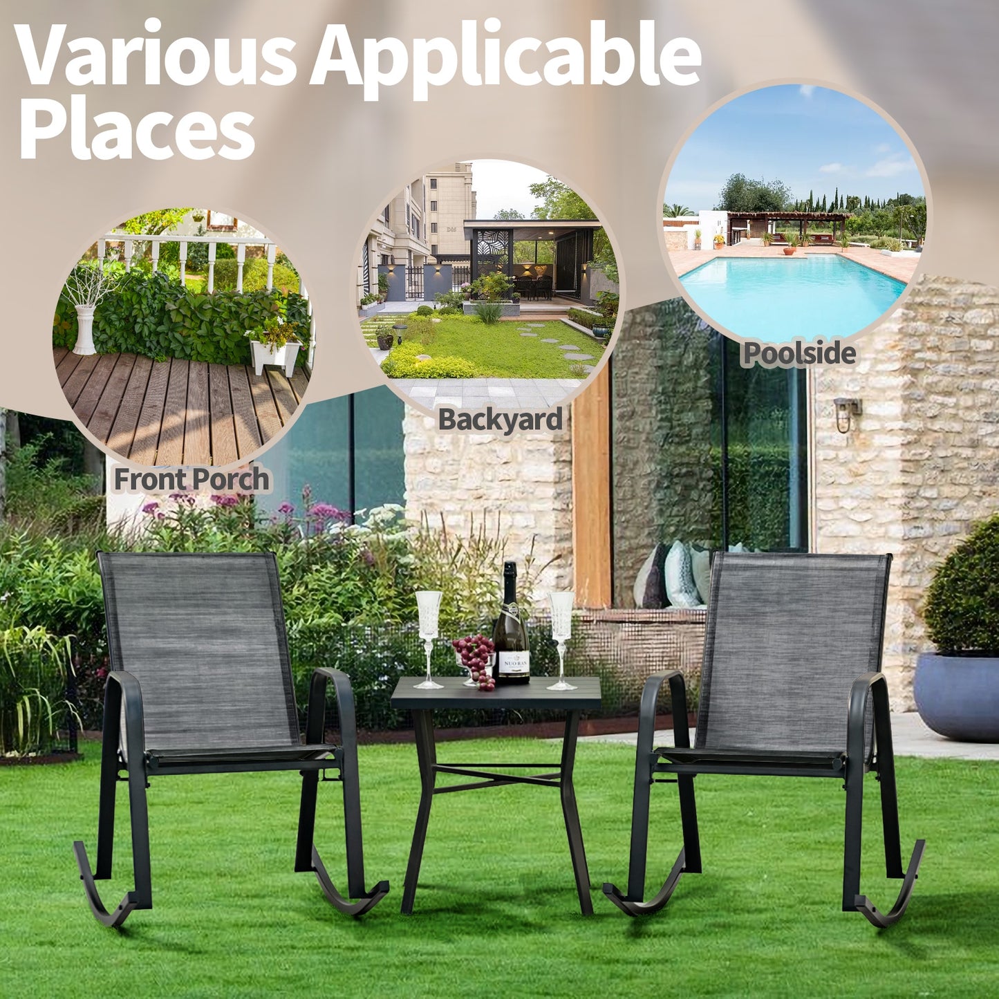 Set of 2 Metal Patio Rocking Chair with Breathable Seat Fabric, Black Patio Rocking Chairs & Gliders   at Gallery Canada