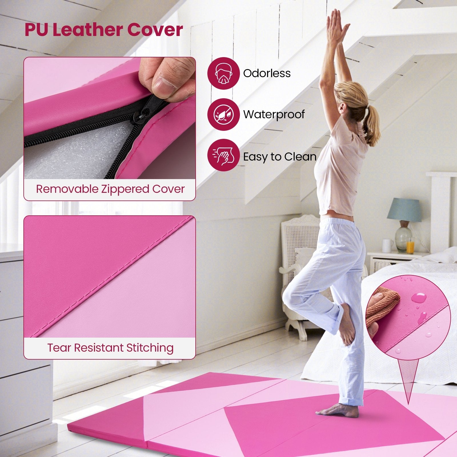 4-Panel PU Leather Folding Exercise Gym Mat with Hook and Loop Fasteners, Pink Yoga & Gym Mats   at Gallery Canada