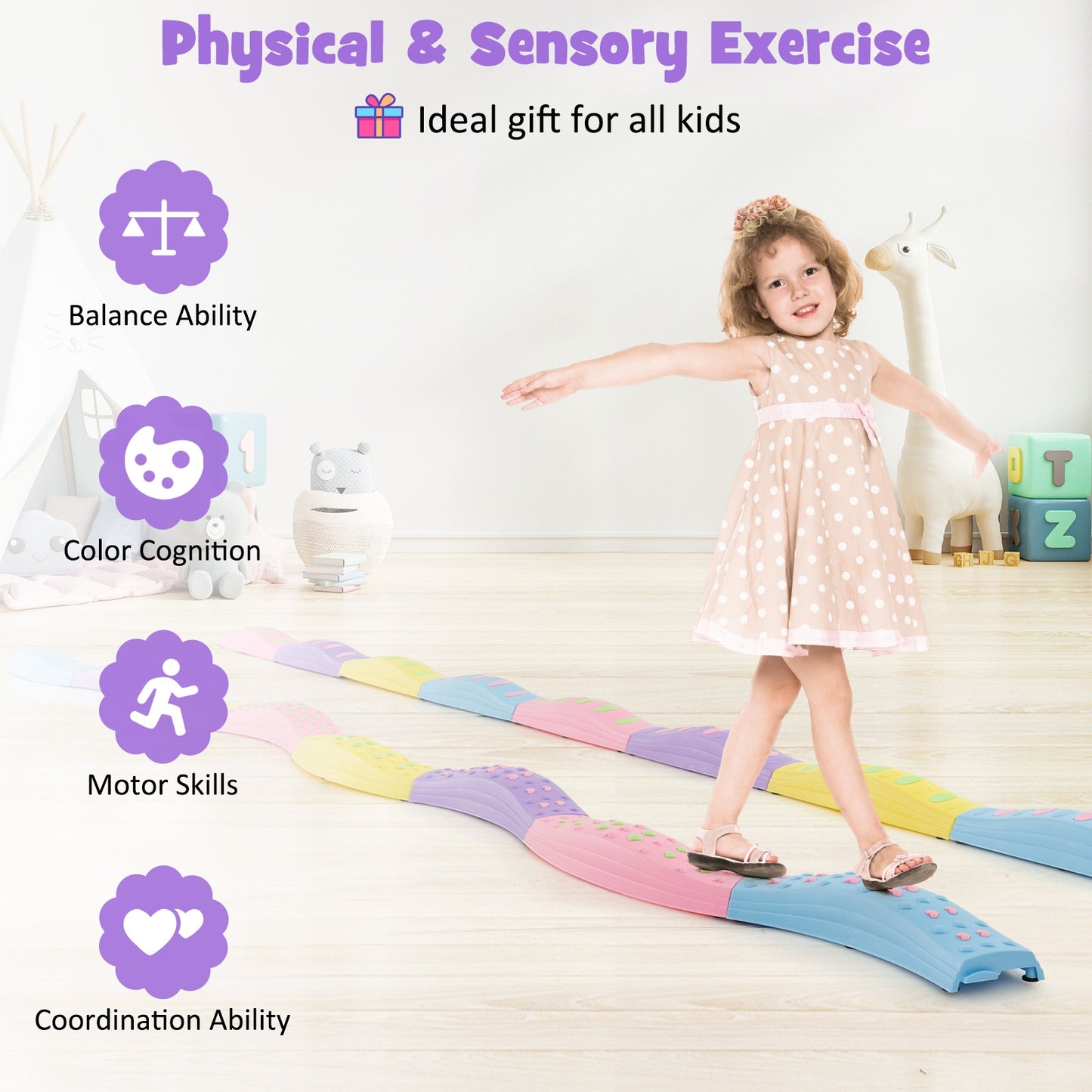 Colorful Kids Wavy Balance Beam with Textured Surface and Non-slip Foot Pads, Pink & Purple Toy Sports   at Gallery Canada