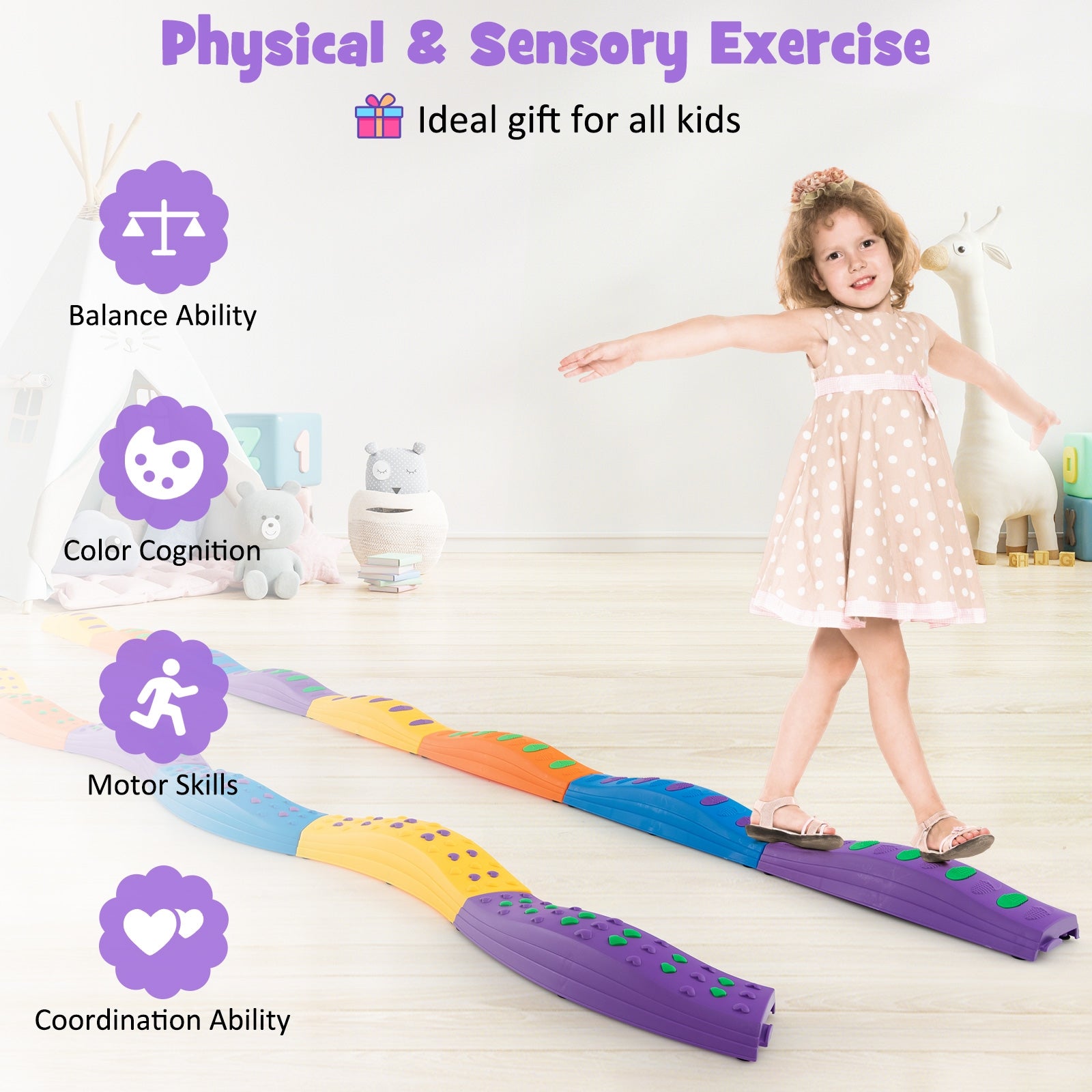 Colorful Kids Wavy Balance Beam with Textured Surface and Non-slip Foot Pads, Blue & Orange Toy Sports   at Gallery Canada