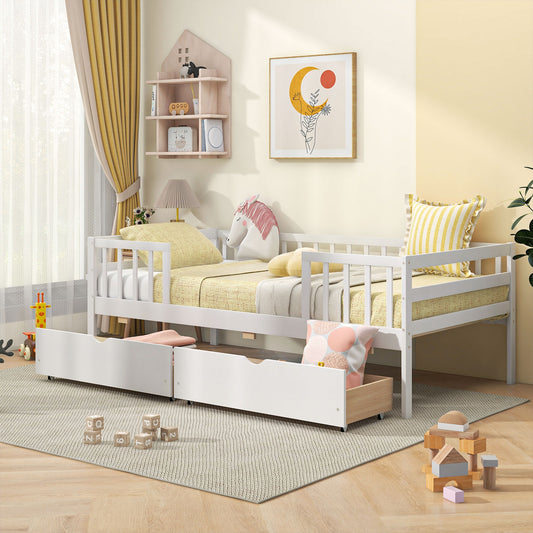 Twin Daybed with Fence and 2 Drawers Kids Bed for Boys & Girls, White - Gallery Canada