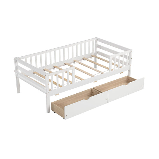 Twin Daybed with Fence and 2 Drawers Kids Bed for Boys & Girls, White - Gallery Canada
