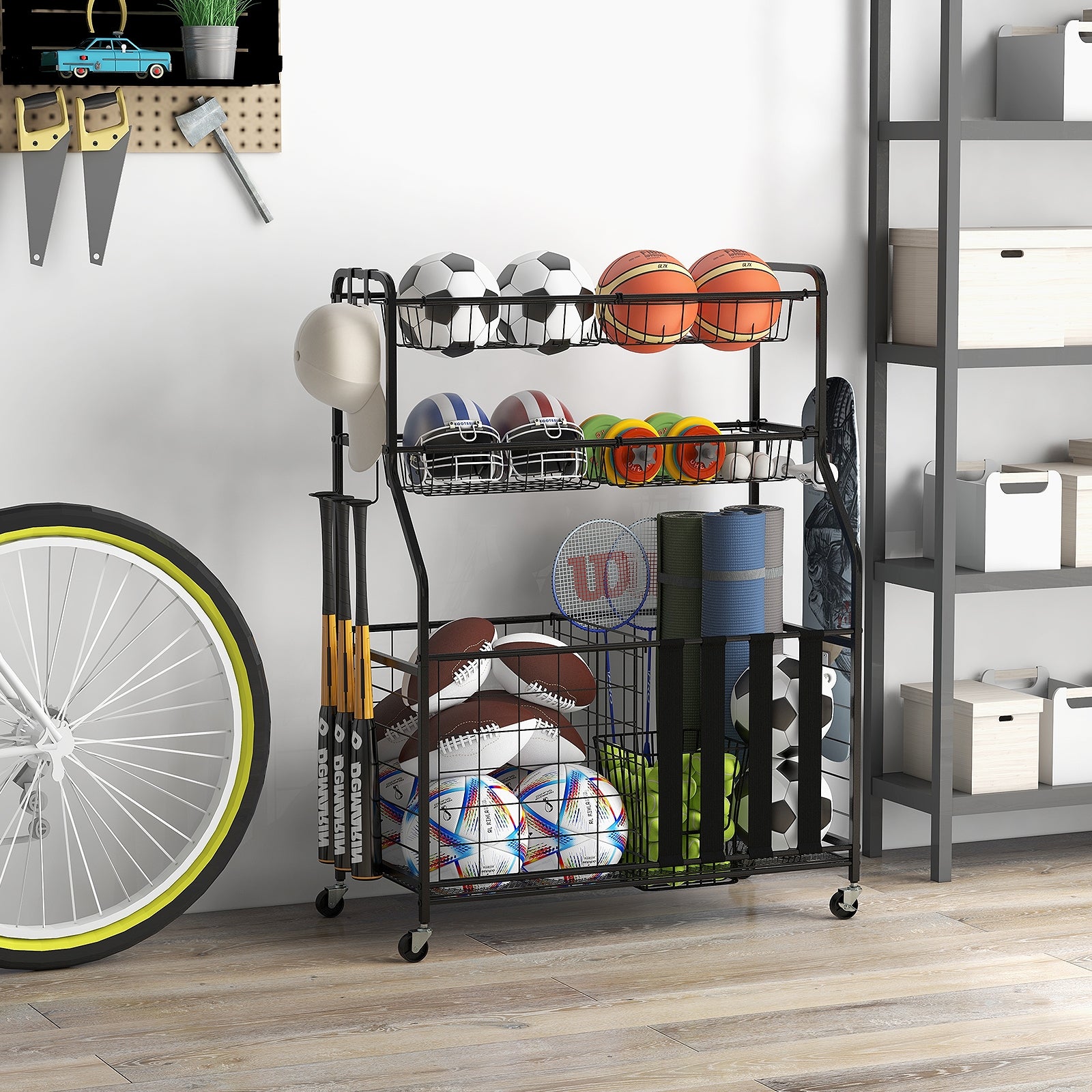 Garage Sports Equipment Organizer with Hooks & Baskets for Basketball, Black Sport Equipments at Gallery Canada
