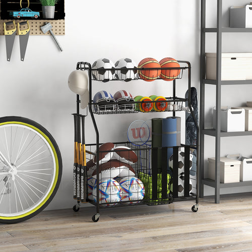Garage Sports Equipment Organizer with Hooks & Baskets for Basketball, Black