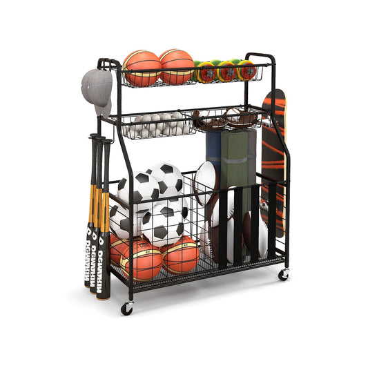 Garage Sports Equipment Organizer with Hooks & Baskets for Basketball, Black - Gallery Canada
