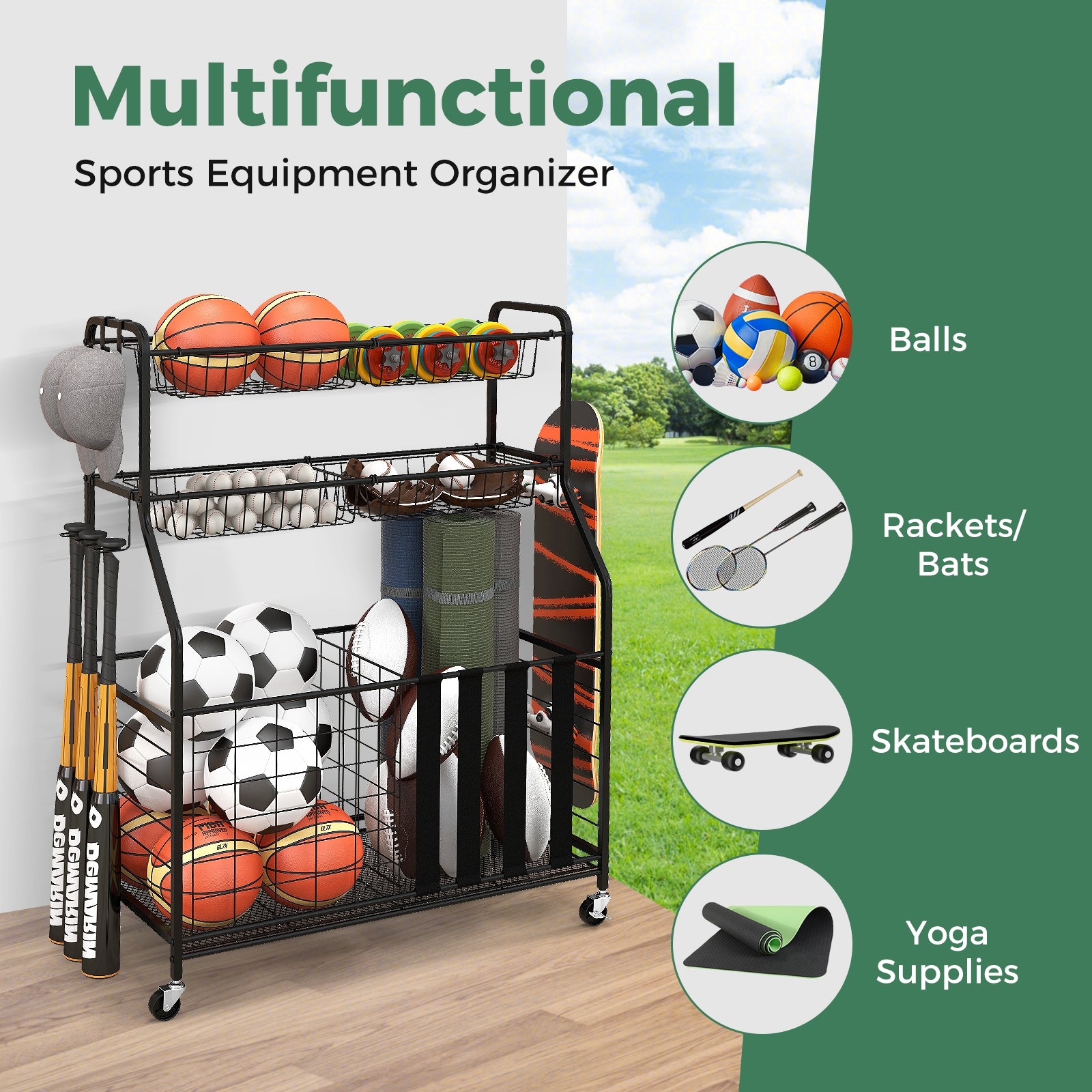Garage Sports Equipment Organizer with Hooks & Baskets for Basketball, Black Sport Equipments at Gallery Canada