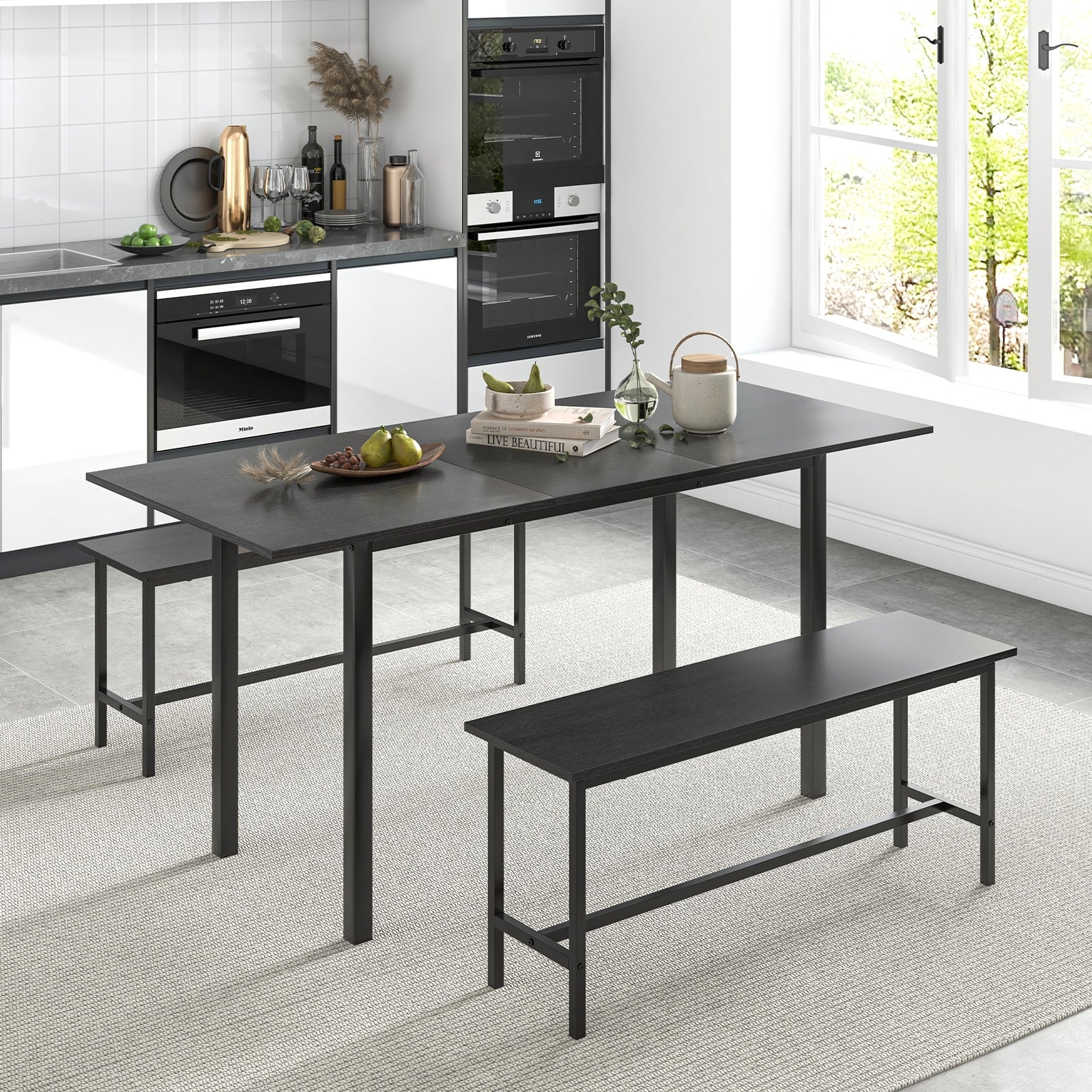 3 Piece Dining Table Set for 4-6 with 2 Benches, Black Dining Room Sets at Gallery Canada