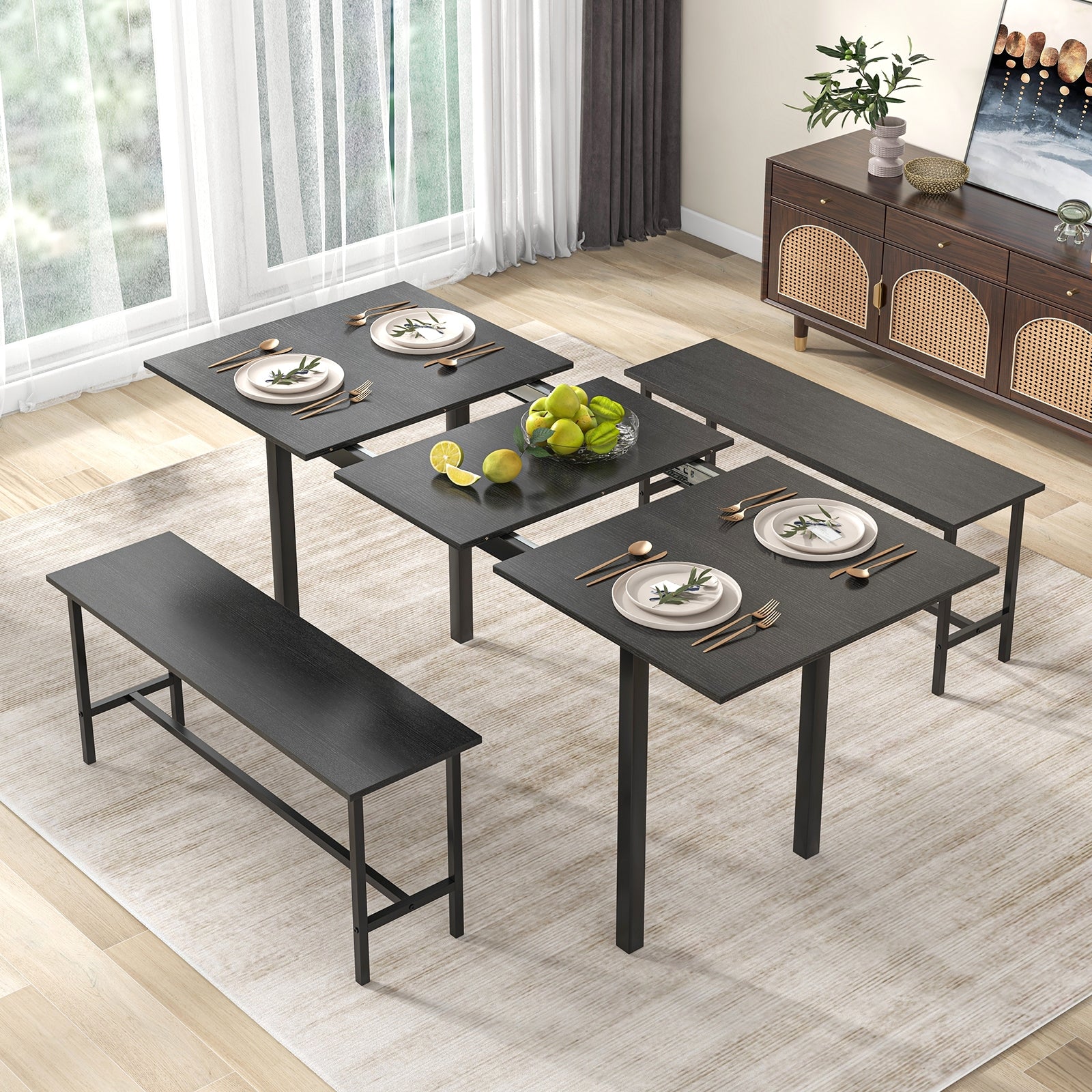 3 Piece Dining Table Set for 4-6 with 2 Benches, Black Dining Room Sets at Gallery Canada