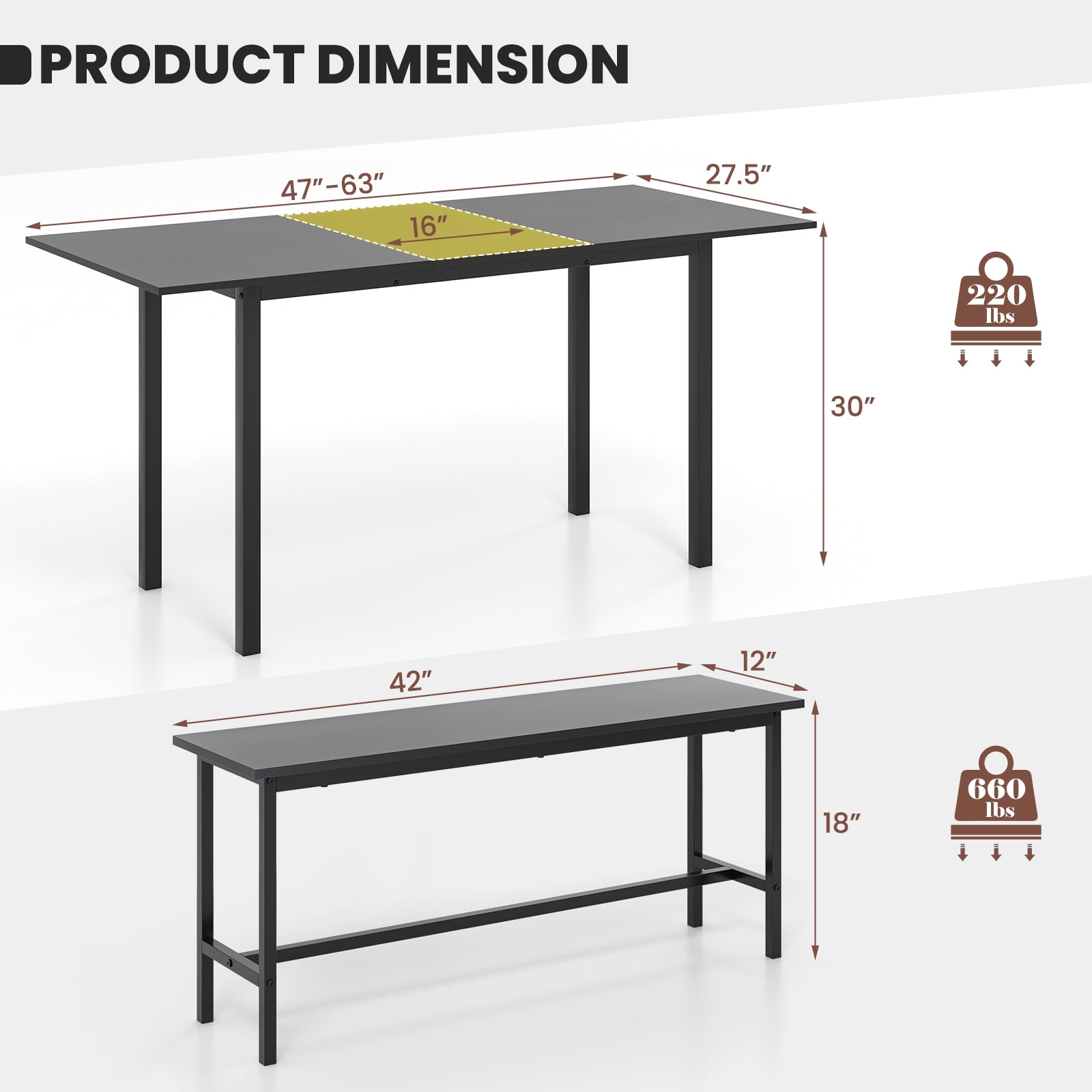 3 Piece Dining Table Set for 4-6 with 2 Benches, Black Dining Room Sets at Gallery Canada